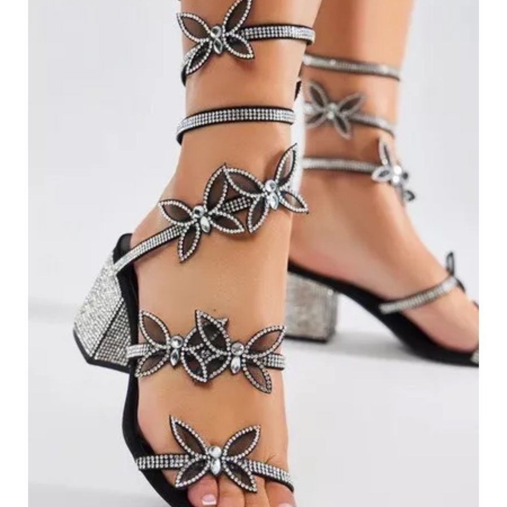 Rhinestone & Black Butterfly Design Heels Coil Spiral Ankle Wrap Shoe New Size 7